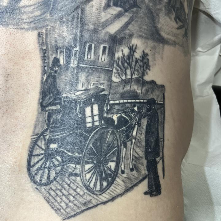 Realistik-Szene mit Kutsche in Schwarz-Grau — Tattoo Funny Pain